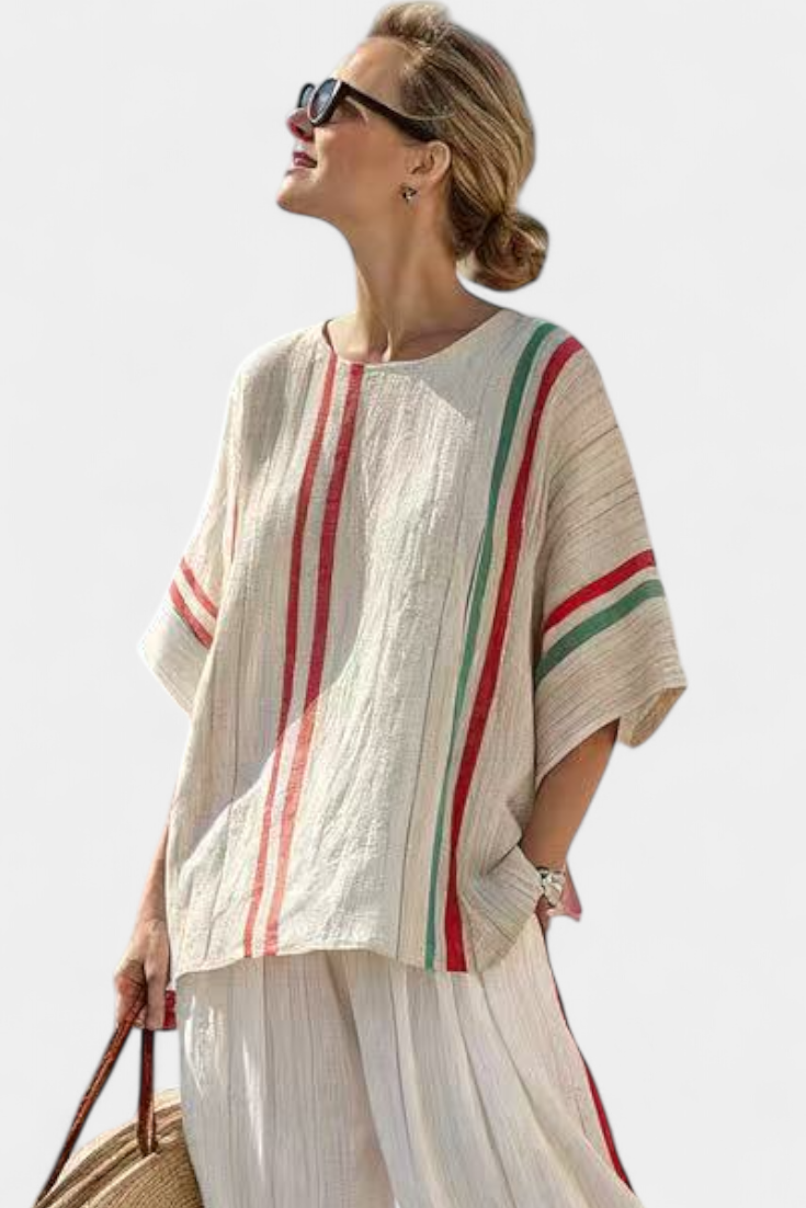 Vahemere karikakarde komplekt bambusest linasest elegantsete punaste ja roheliste triipudega