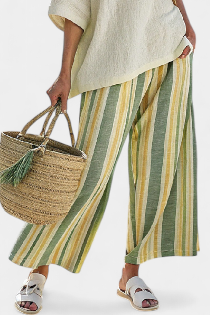 Daisy Vahemere bambuse linasest komplekt oliivroheliste triipudega värskendava ja elegantse stiili loomiseks.
