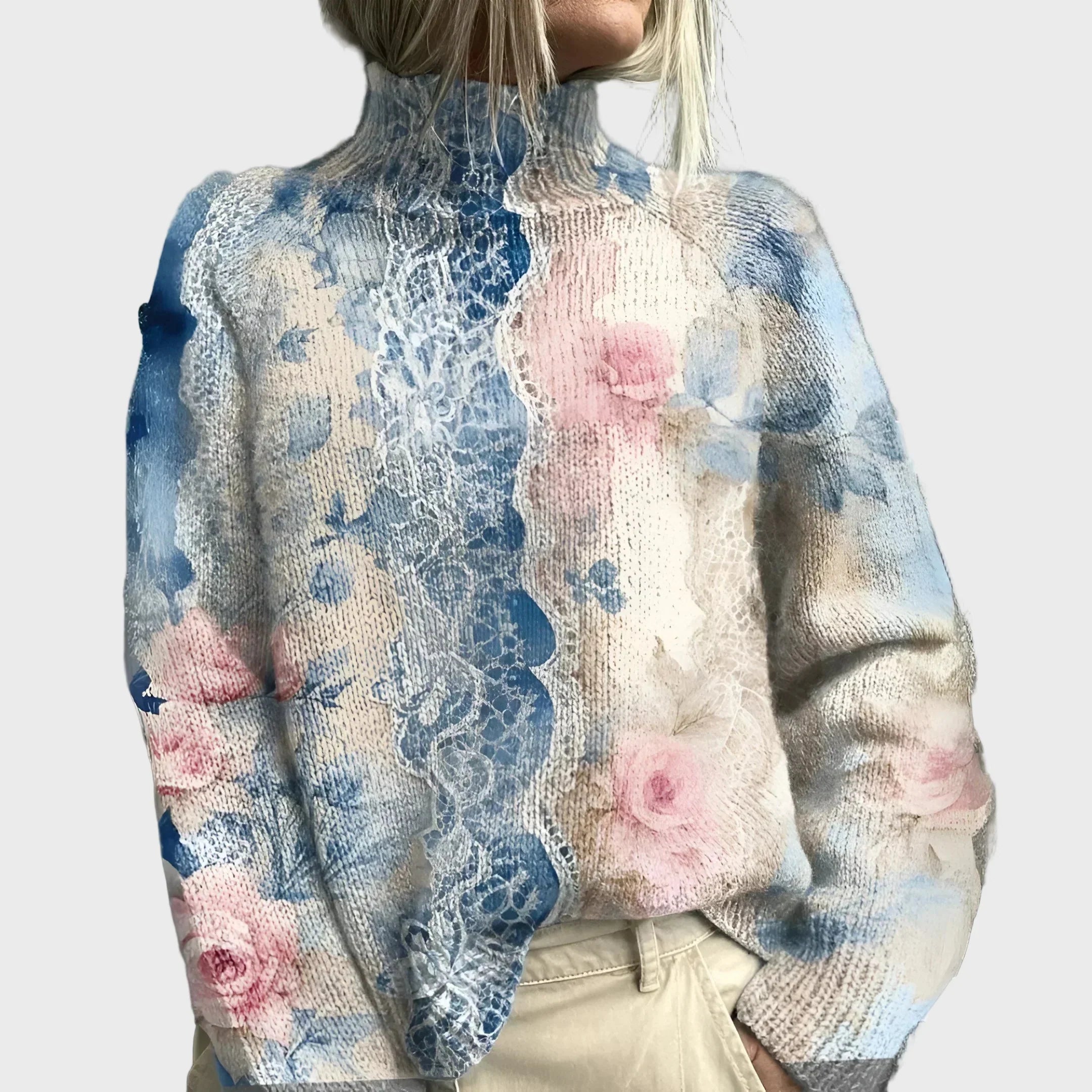 Kootud kõrge kaelusega kampsun elegantse lillemustriga